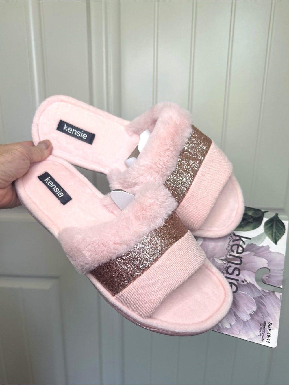 kensie Pink Faux-Fur Slide Slippers with Metallic Band